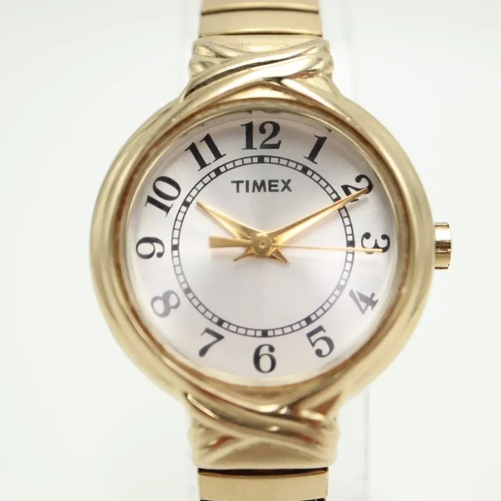Timex Ladies 26mm Womens Gold Tone Watch Champagne Dial Stretch Band New Battery
